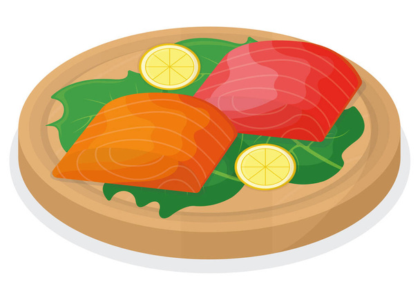 Kousek tuňáka lososa, čerstvý steak panenka na dřevěné kuchyňské desce izolované na bílém, kreslený vektor ilustrace. Zdravé tučné potraviny s ikonami mořských plodů. Hrbáč na gril, koncept na jídlo logo. - Vektor, obrázek