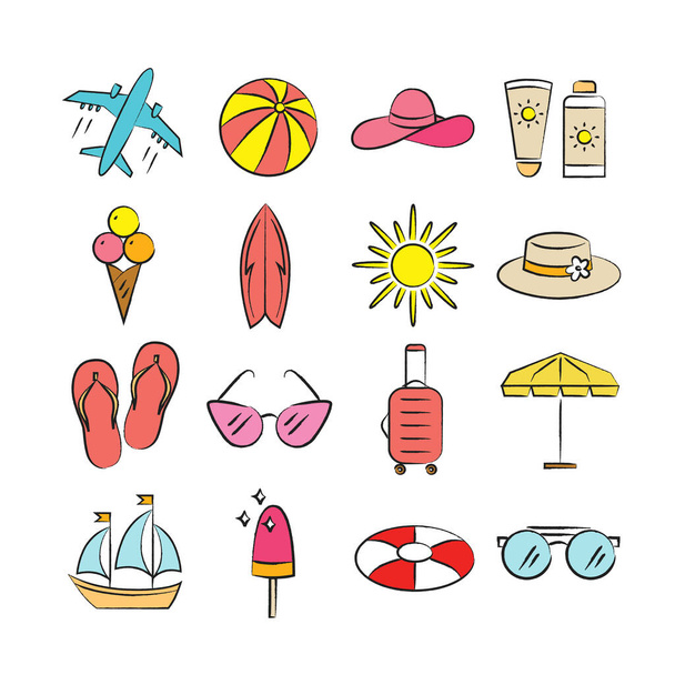 Różne letnie ikony tematyczne: słońce, samolot, krem do opalania, kapcie plażowe, koło ratunkowe, żaglówka, okulary, parasol plażowy, kapelusz, deska surfingowa, walizka i lody. - Wektor, obraz