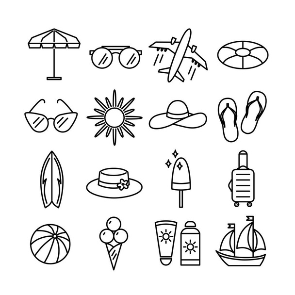 Vários ícones do tema de verão: sol, avião, protetor solar, chinelos de praia, boia salva-vidas, veleiro, óculos, guarda-chuva de praia, chapéu, prancha de surf, mala e sorvete. - Vetor, Imagem