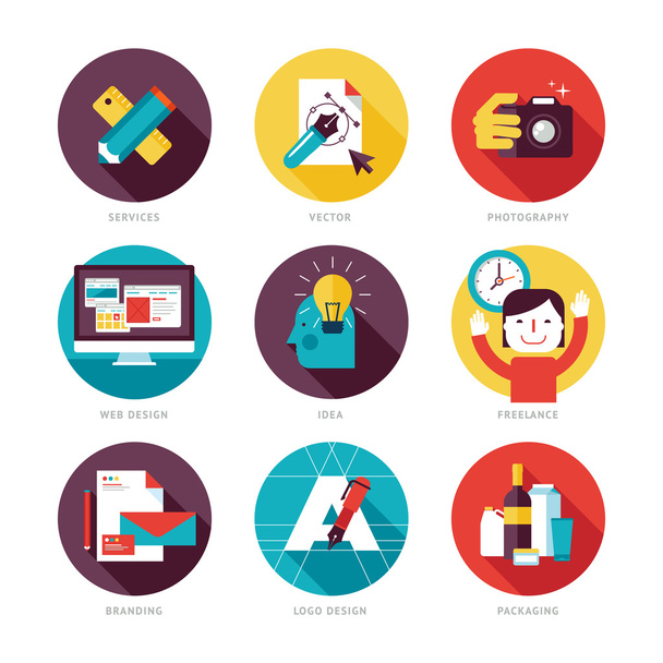 Set di icone del design piatto moderno sul tema dello sviluppo del design
 - Vettoriali, immagini