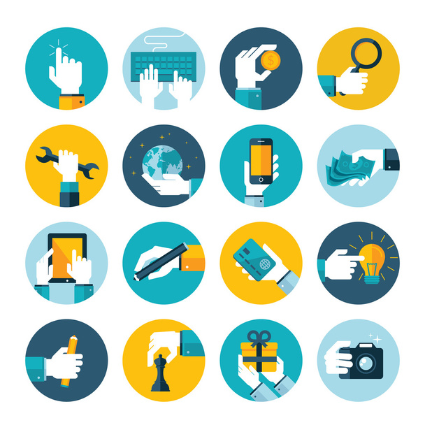 Modern flat icons vector collection of hand using devices, using money, repairs, write, give a gift, play chess, touching touchscreen, hand in business situations, in design and marketing process. - Vector, Image