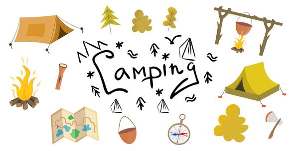 De camping kit is geïsoleerd op een witte achtergrond. Vector illustratie in een platte stijl. Tenten, kampvuur, kompas, zaklamp, struiken en bomen bij de inscriptie camping. - Vector, afbeelding