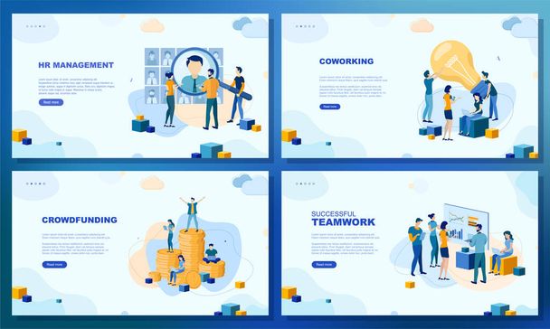Trendy flat illustration. Set of web page concepts. HR management. Crowdfunding. Coworking. Successful teamwork. Template for your design works. Vector graphics. - Vector, Image