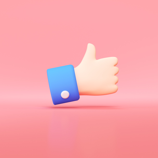 Hand thumbs up icon on pink background, like button 3d render. - Photo, Image