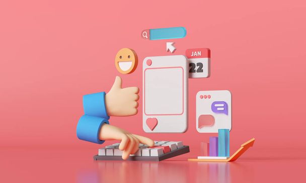 Rendering 3D Social Media con cornice fotografica, come pulsante e chat su sfondo rosa illustrazione. - Foto, immagini