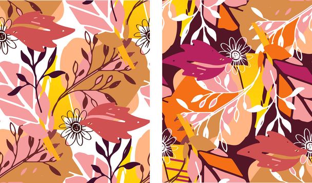 Autumn cute hand drawn doodle leaf and flower set. Abstract fall template banner art for pattern, background, fabric. - Vector, Imagen