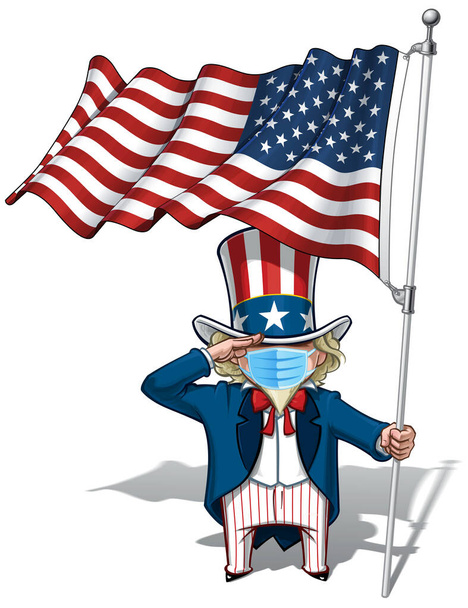 Ilustrações vetoriais de um desenho animado Tio Sam, Saudação, segurando uma bandeira americana acenando, usando uma máscara cirúrgica. Todos os elementos ordenadamente em camadas bem definidas n grupos - Vetor, Imagem