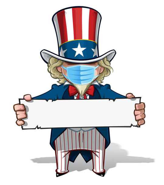 Wektorowe ilustracje kreskówkowego Wujka Sama, trzymającego znak, noszącego maskę chirurgiczną. Wszystkie elementy starannie zdefiniowane warstwy n grup - Wektor, obraz