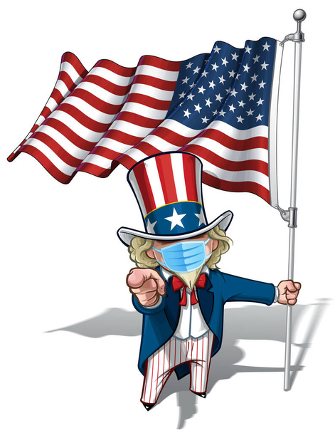 Illustrazioni vettoriali di un cartone animato Uncle Sam Pointing I Want You, con una bandiera americana sventolata, con indosso una maschera chirurgica. Tutti gli elementi ordinatamente in strati ben definiti n gruppi - Vettoriali, immagini