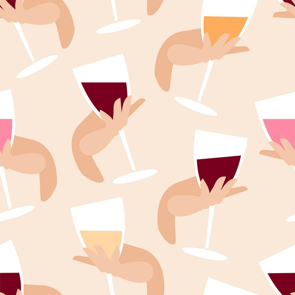 αδιάλειπτη μοτίβο, ένα ποτήρι κρασί στο χέρι. αλκοολούχο ποτό σε ποτήρι. λευκό, κόκκινο, πορτοκαλί, ροζέ κρασί. γεμάτο ποτήρι κρασί στο χαριτωμένο χέρι του κοριτσιού. - Διάνυσμα, εικόνα