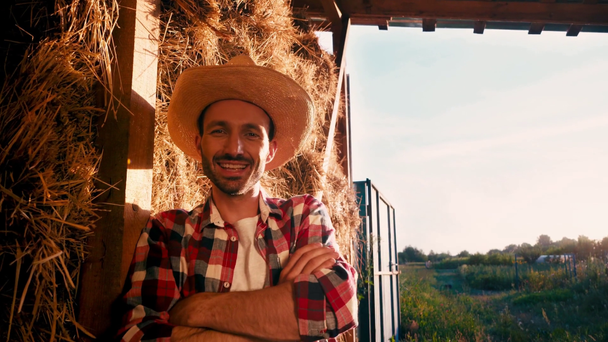 granjero tocando sombrero de paja y de pie con brazos cruzados cerca de la pila de heno  - Metraje, vídeo