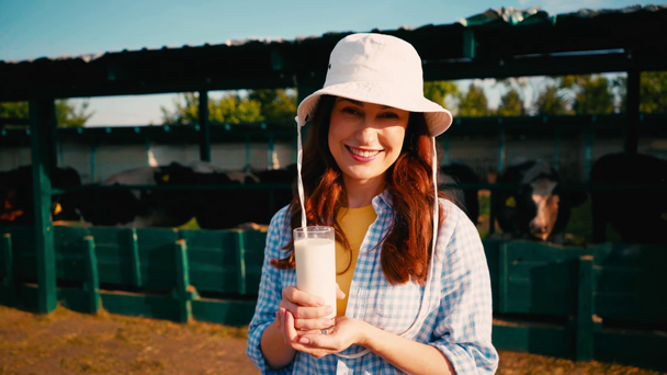 mujer en sombrero sosteniendo vaso de leche fresca cerca de la cerca con vacas - Imágenes, Vídeo