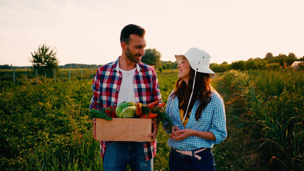 farmer holding box with fresh vegetables and walking near woman in hat  - Footage, Video