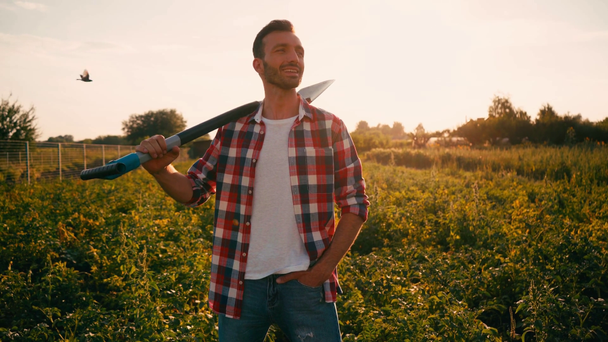 bearded farmer standing with hand in pocket and holding shovel in field - Filmagem, Vídeo