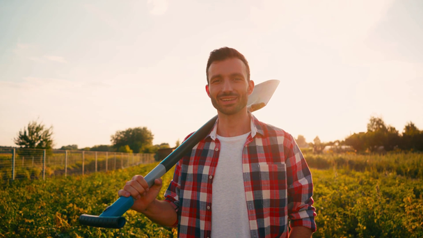 brodaty rolnik stojący i trzymający łopatę na polu  - Materiał filmowy, wideo
