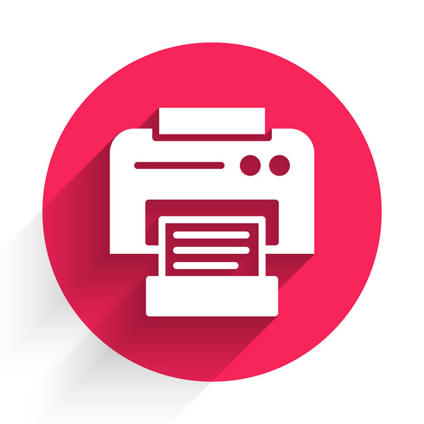 Icono de impresora blanca aislado con sombra larga. Botón círculo rojo. Ilustración vectorial. - Vector, imagen