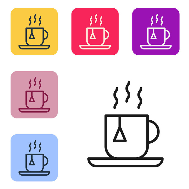 Linea nera tazza di tè con icona bustina di tè isolato su sfondo bianco. Imposta le icone nei pulsanti quadrati a colori. Illustrazione vettoriale. - Vettoriali, immagini