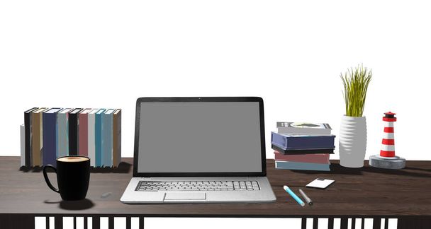 Moderni toimistopöytä, 3D-kuvitus koristeilla, kuten puut, kahvimukit, kirjat ja tuolit, puhelimet, kynät. Valkoisella pohjalla. Leikkausreitillä. Kuvat näyttävät jokaisen kuvakulman - Valokuva, kuva