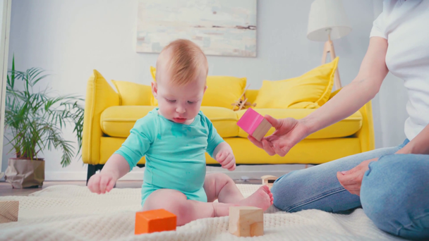 mère assise sur une couverture avec un fils enfant jouant avec des cubes  - Séquence, vidéo