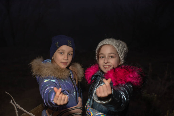 二人の女の子が笑っている。幸せよ。彼らは手で心を示します。冬のジャケットを着た2人の女の子が手で心を見せる。若いです女の子で冬ショー心とともに彼らの手. - 写真・画像