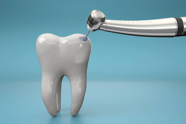 3D-Nahaufnahme des Zahnbohrers und des weißen Zahnmodells in Aktion. - Foto, Bild