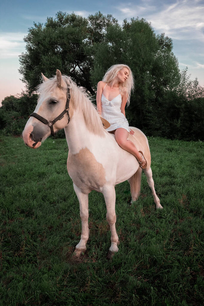 Portrait of a Beautiful Blonde Woman on a White Horse - Φωτογραφία, εικόνα