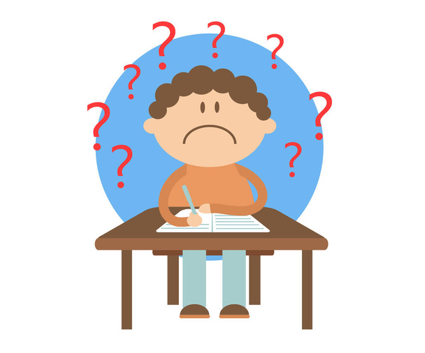 The student sits at the table and solves a difficult problem. Cartoon. Vector illustration. - Vector, Image