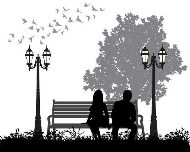silueta de un chico y una chica sentados en un banco del parque - Vector, imagen