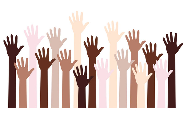 Mãos humanas com diferentes cores de pele, pessoas de cor, vidas negras matéria, blm, luta contra o racismo, fundo vetorial - Vetor, Imagem