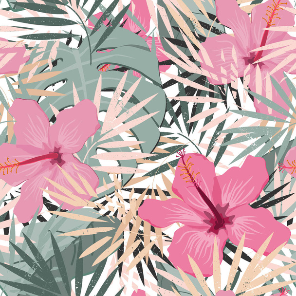 熱帯のヤシの葉やハイビスカスの花とシームレスベクトル花夏のパターンの背景。エレガントなパステルカラー。壁紙、ウェブページの背景、表面のテクスチャ、繊維に最適です。 - ベクター画像