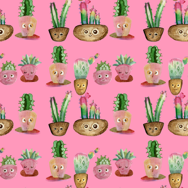 Απρόσκοπτη μοτίβο για παιδικά δωμάτια, για παιδικά αγαθά χαριτωμένο cartoon cacti σε γλάστρες - Φωτογραφία, εικόνα