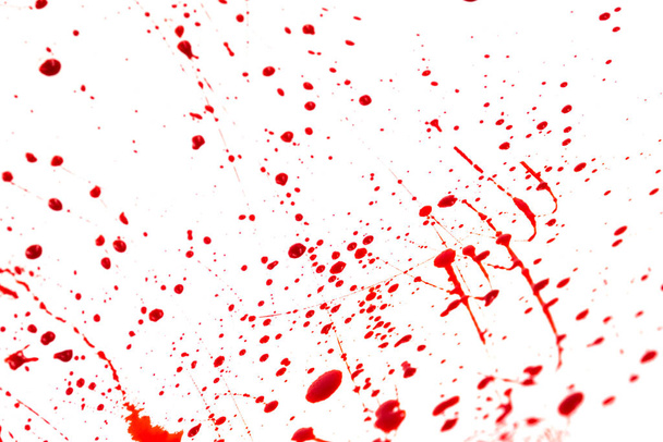 Salpicaduras sangrientas y gotas sobre un fondo blanco. Goteo y siguiente sangre roja (pintura) - Foto, imagen