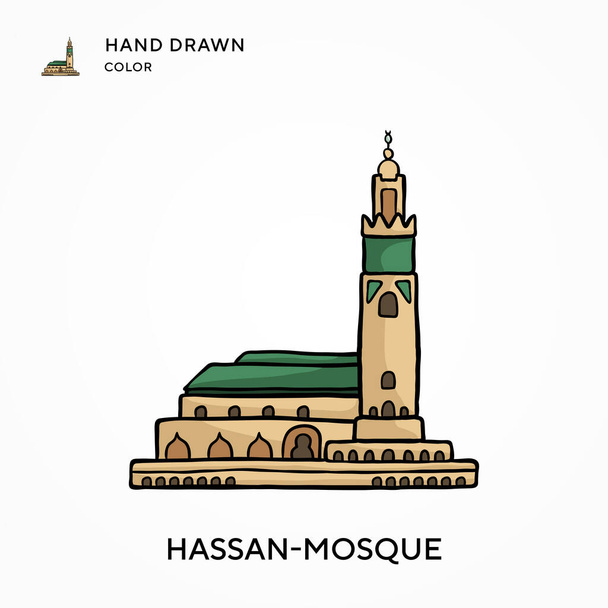 Мечеть Хассана Ручная иконка цвета. Современные векторные иллюстрации. Простота редактирования и хранения - Вектор,изображение