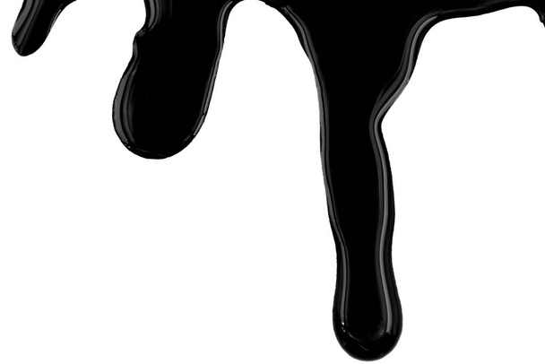 Dripping black paint isolated on white background. Flowing fuel oil splashes, drops and trail. - Photo, Image