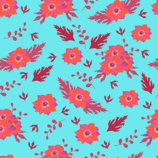 Floral seamless vector pattern with anemones flower and leaf - Vector, Image