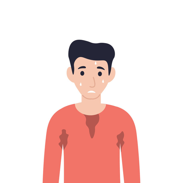 Man bathed in a sweat. Guy sweating a lot. Flat vector cartoon illustration. - Vector, Image