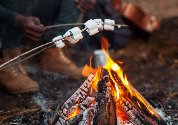 Les gens font frire de la guimauve sur des bâtons au feu de camp, coupés en morceaux - Photo, image