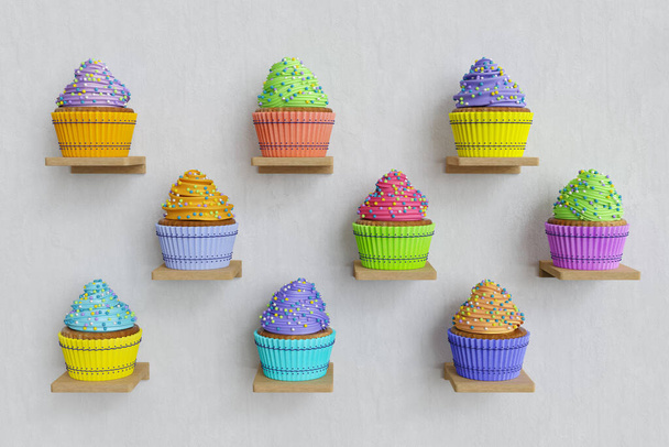 Representación 3D de cupcakes de color en los estantes, cada cupcake tiene cupcake de diferentes colores y crema batida de color, fondo blanco - Foto, Imagen