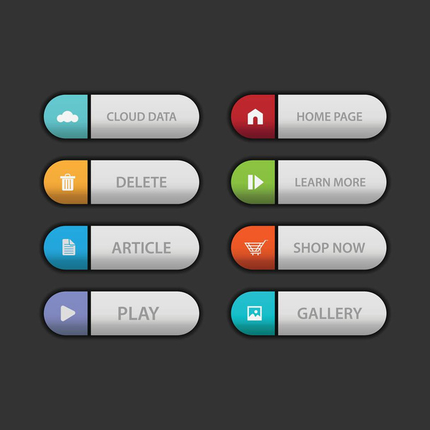 Colorful web design button collection with flat design. Web and ui application color button icon for modern website. Vector icons isolated on dark background - Вектор,изображение