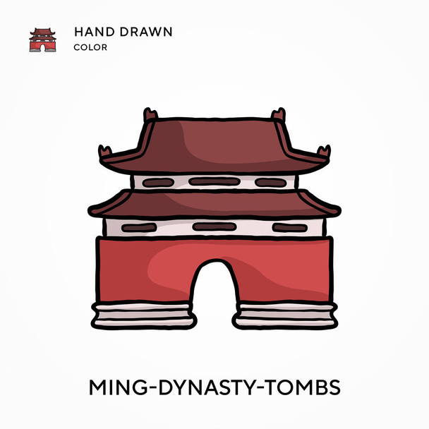 Grobowce dynastii Ming Ręcznie rysowane kolorowe ikony. Nowoczesne koncepcje ilustracji wektorowej. Łatwy do edycji i dostosowania - Wektor, obraz