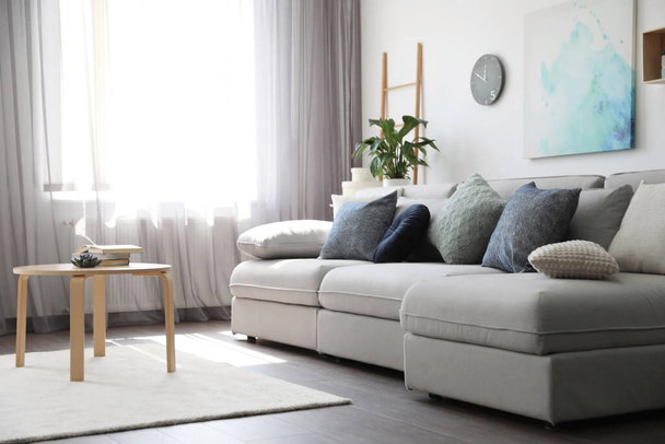 Elegant living room with comfortable sofa near window. Interior design - Photo, image
