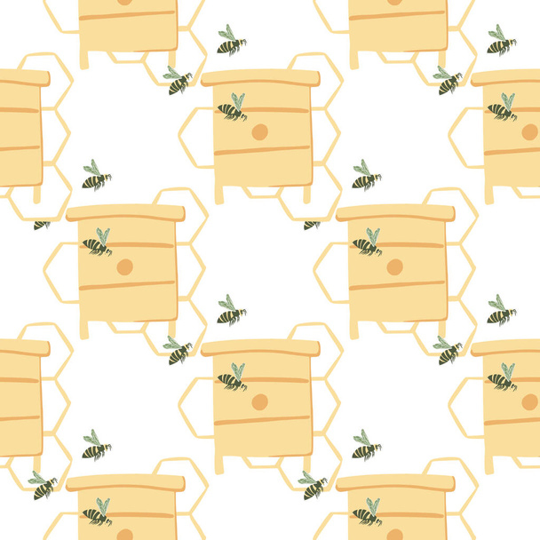 Isolated honey theme seamless pattern. Hand drawn bees, beehives and honeycomb in yellow color on white background. Designed for wallpaper, textile, wrapping paper, fabric print. Vector illustration. - Vector, afbeelding