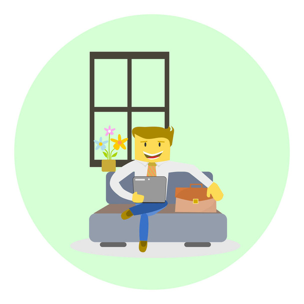 Man is sitting with laptop on the sofa at home. Businessman working on a computer. Stay and work at home concept.  - Vector, Image