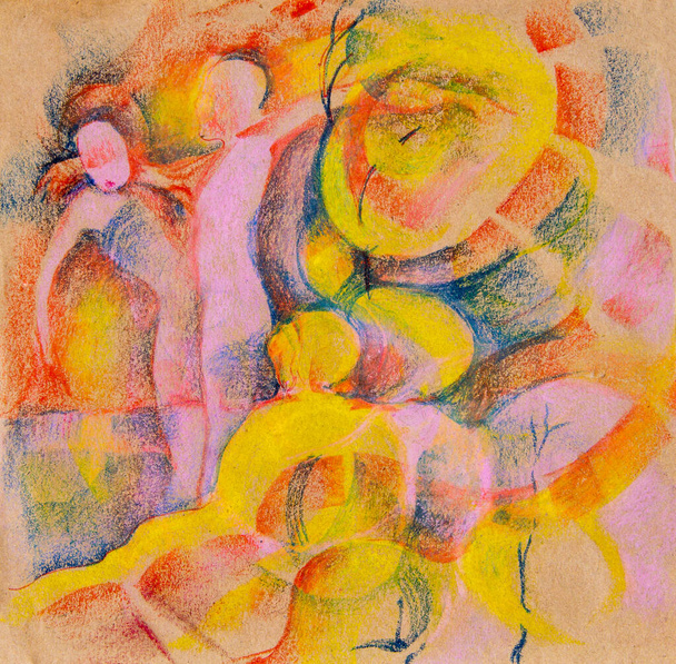 Drawing with crayons on Kraft paper.Yellow-orange composition.A dancing couple and an observer. Poster on the wall, picture in a frame, Wallpaper or background for text.Human relationships and mood. - Photo, Image