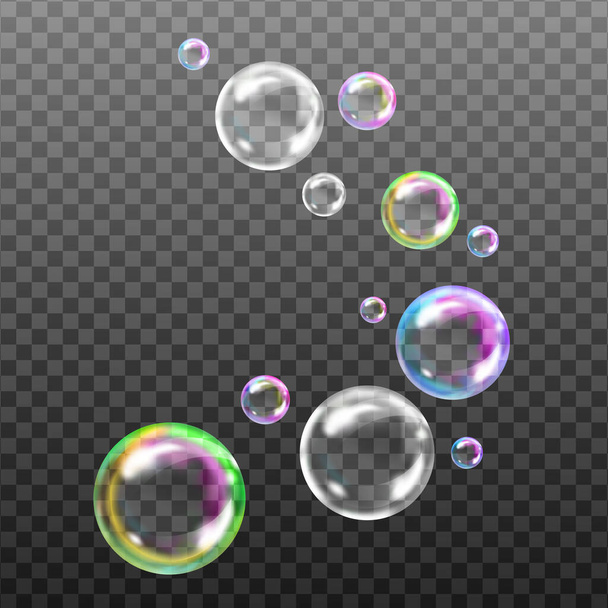 Set of ransparent soap bubbles on checkered background.Reaistic colored balls.Vector texture. - Vector, Image