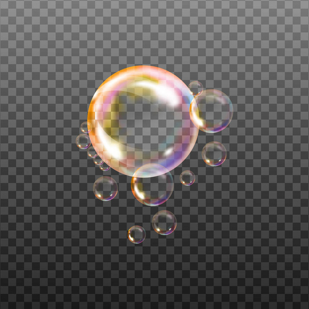  Sada průhledných mýdlových bublin na kostkovaném pozadí.Reaistické barevné kuličky.Vektorová textura. - Vektor, obrázek