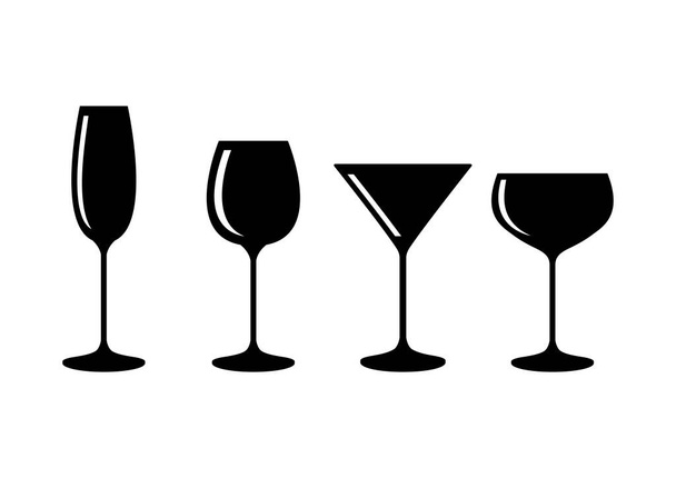 Diferentes tipos de óculos de álcool vetor ícone. Conjunto de ícones de champanhe, vinho, martini e outros copos. Ícone de copos de álcool isolado no fundo branco. Bebidas alcoólicas coleção silhueta preta - Vetor, Imagem