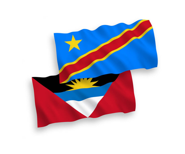 Banderas nacionales de ondas vectoriales de Antigua y Barbuda y República Democrática del Congo aisladas sobre fondo blanco. Proporción de 1 a 2. - Vector, Imagen