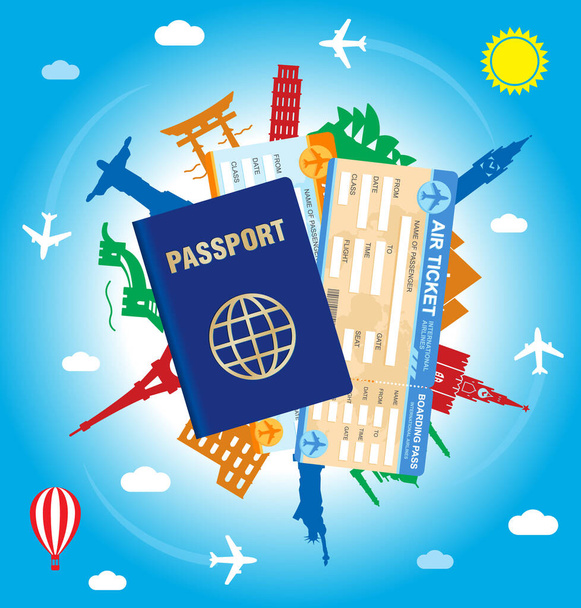 Passport and flight ticket over globe with famous sighseeing icons - Vector, Image