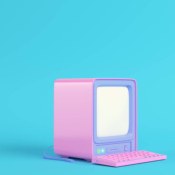 Pink retro computer on bright blue background in pastel colors. Minimalism concept. 3d render - Valokuva, kuva